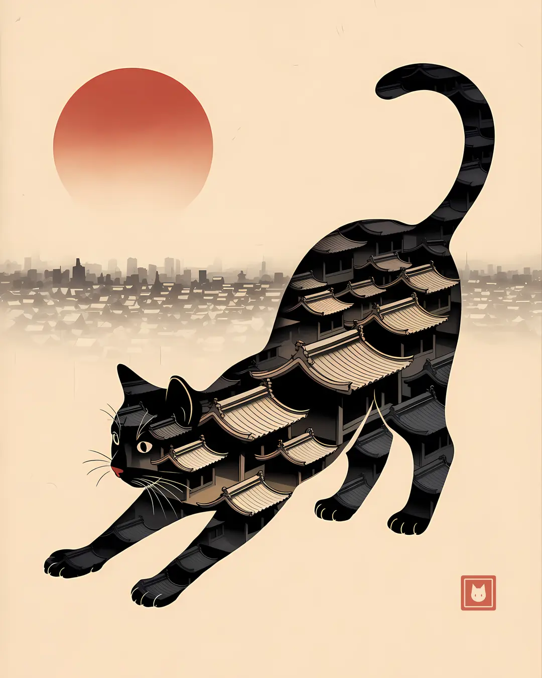 The Red Sun Cat Town Trio · Japanese Cat Art · 3-Piece Printable Set
