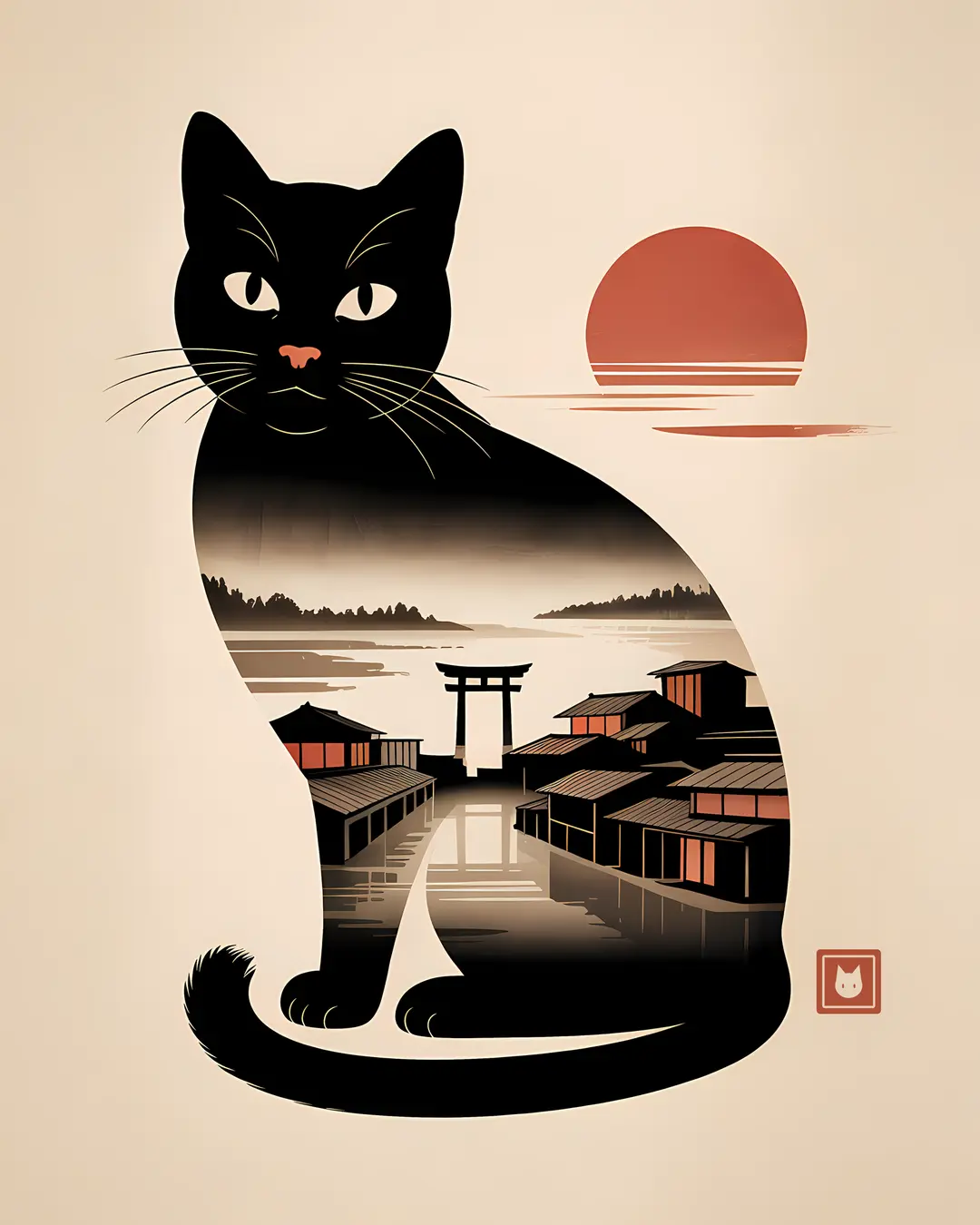 The Mountain Sunset Cats Trio · Japanese Cat Art · 3-Piece Printable Set