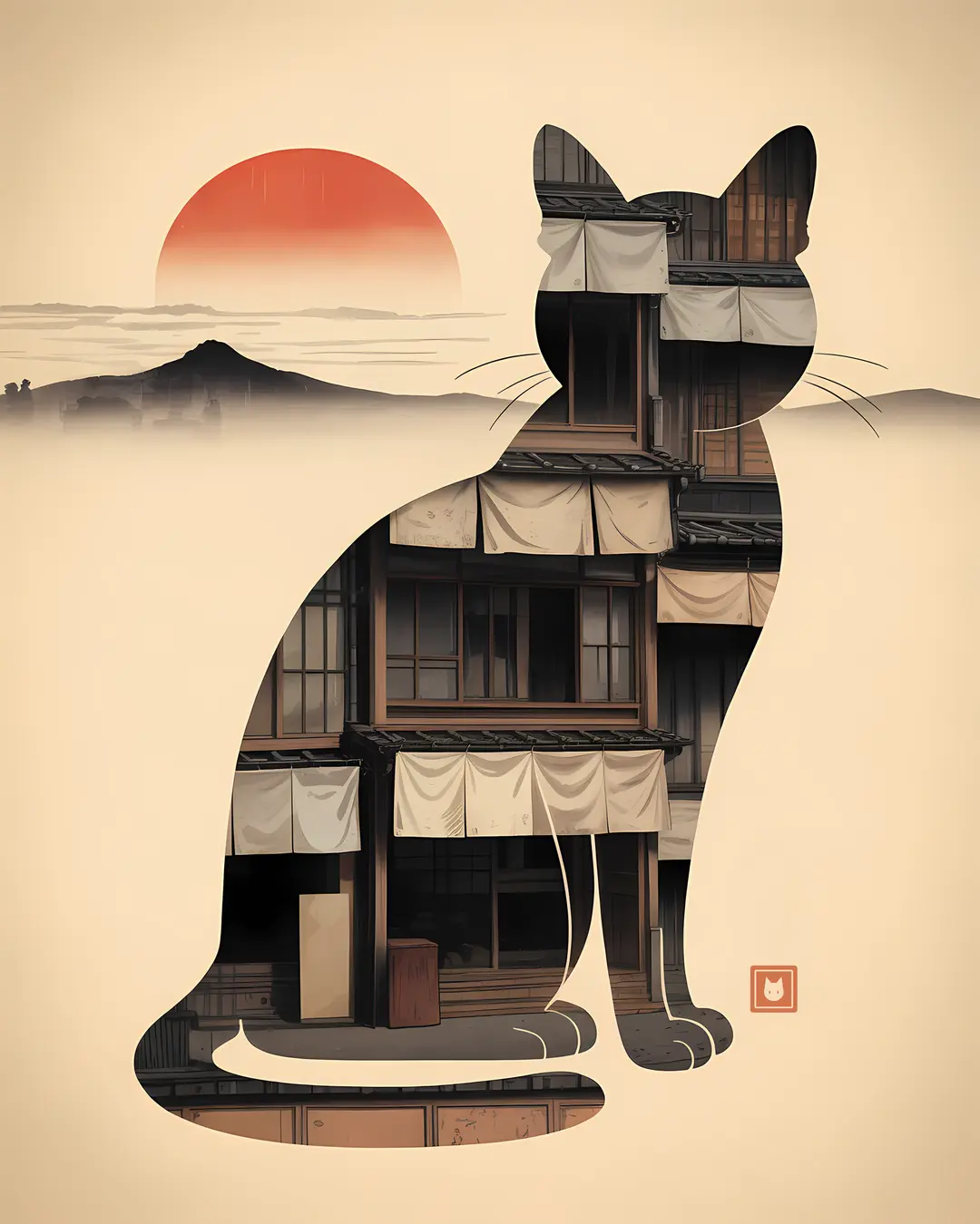 The Mountain Sunset Cats Trio · Japanese Cat Art · 3-Piece Printable Set