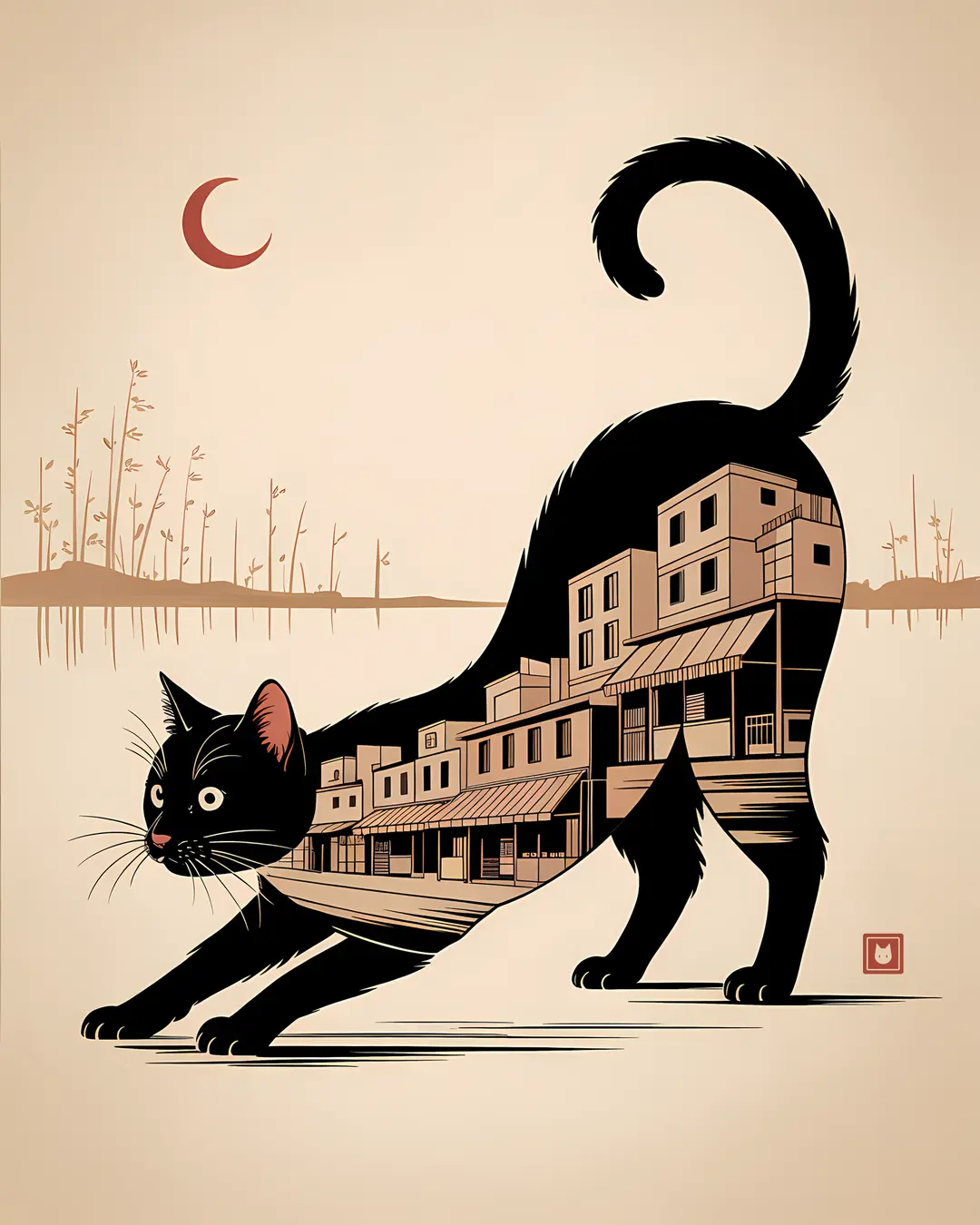 The Bamboo Moon Cats Trio · Japanese Cat Art · 3-Piece Printable Set