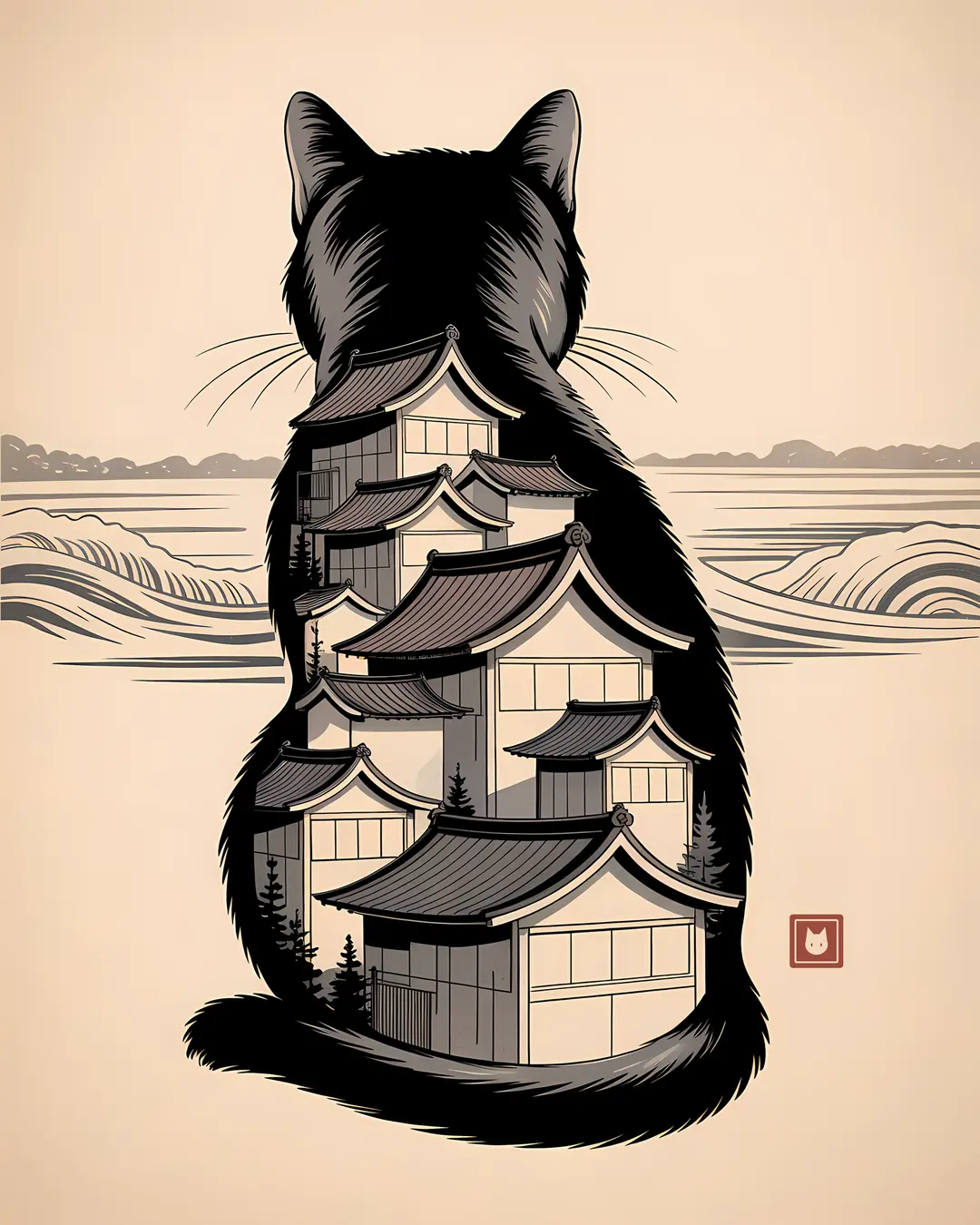 The Pagoda Clouds Trio · Japanese Cat Art · 3-Piece Printable Set