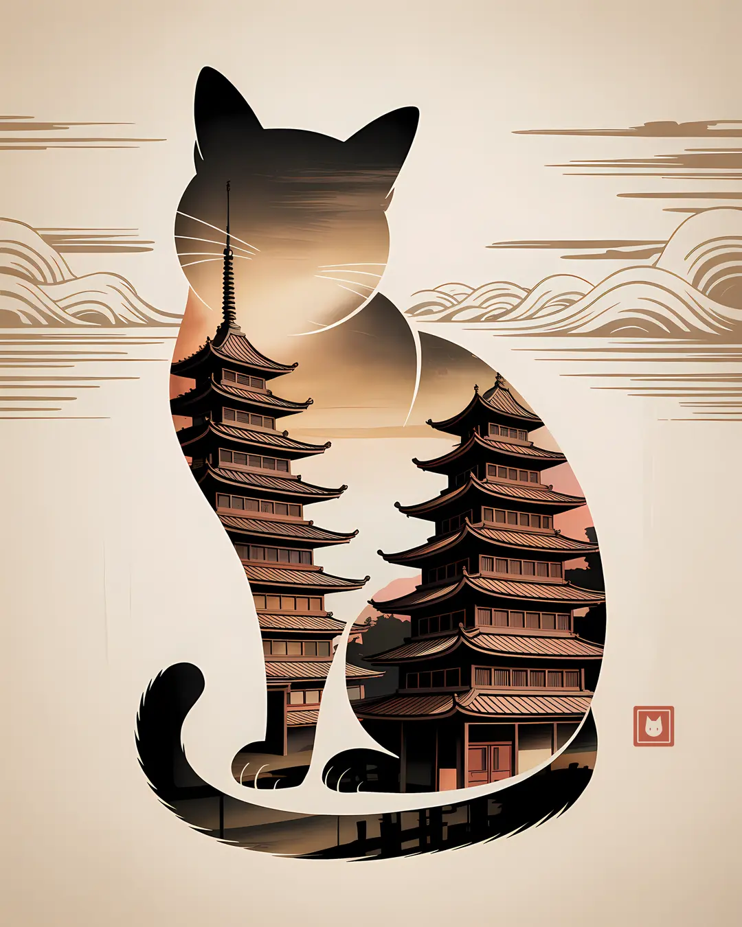 The Pagoda Clouds Trio · Japanese Cat Art · 3-Piece Printable Set