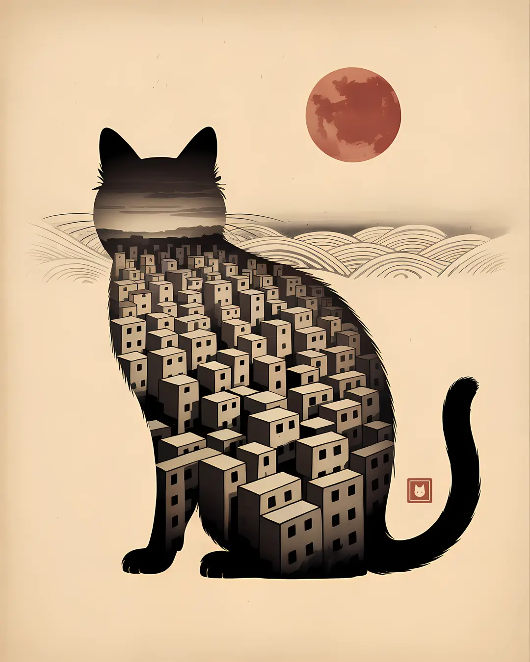 The Full Moon Castle Trio · Japanese Cat Art · 3-Piece Printable Set