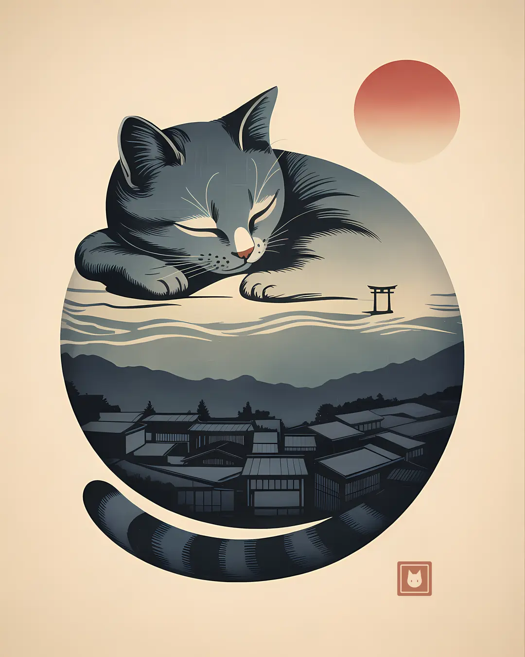 The Indigo Wave Town Trio · Japanese Cat Art · 3-Piece Printable Set