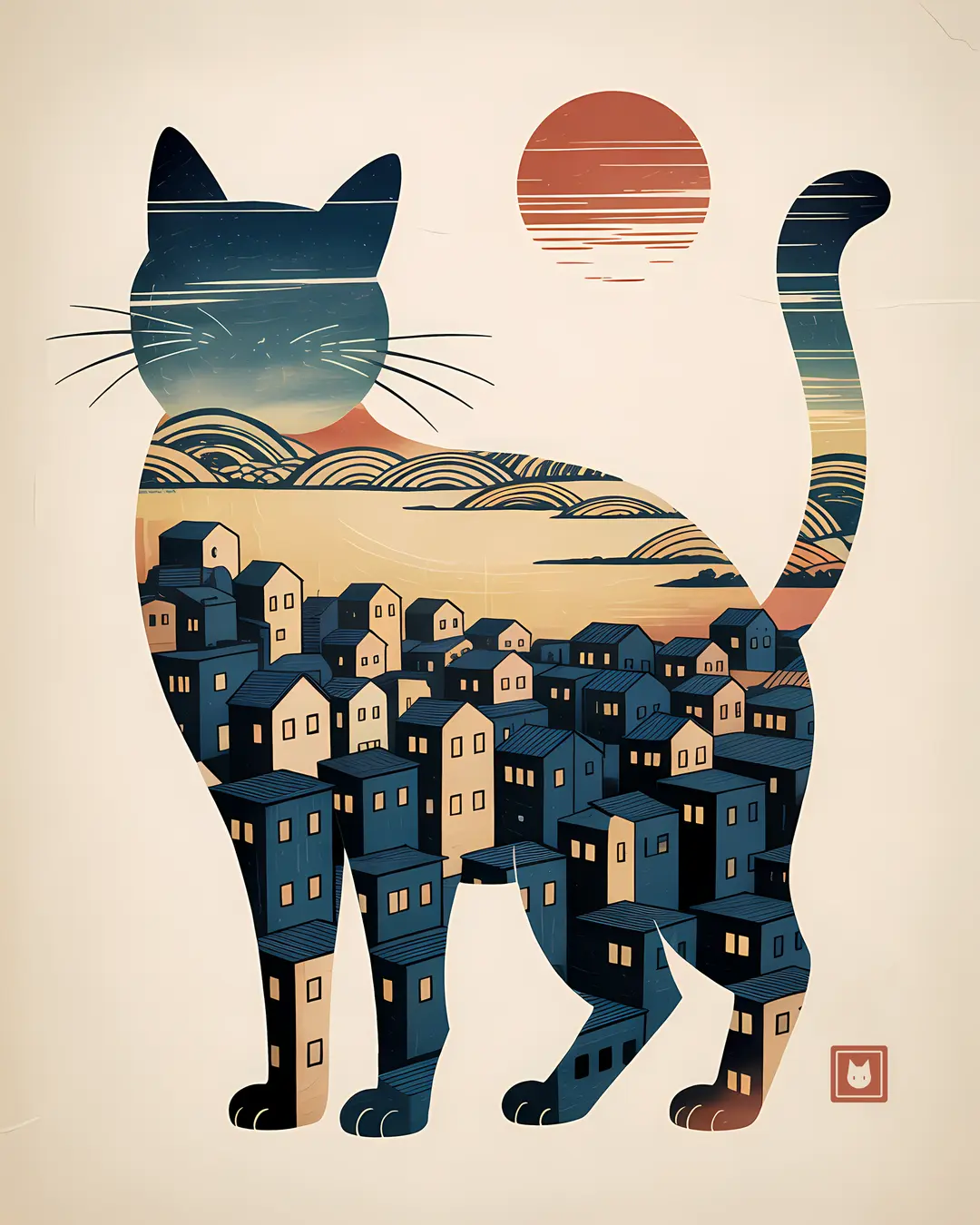 The Indigo Wave Town Trio · Japanese Cat Art · 3-Piece Printable Set